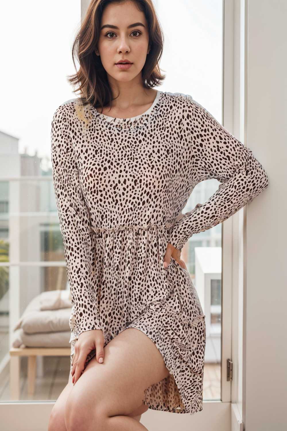 loose leopard print v neck dress drop shoulder a line closed cape paneled 109044