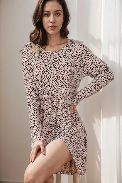 loose leopard print v neck dress drop shoulder a line closed cape paneled 133292