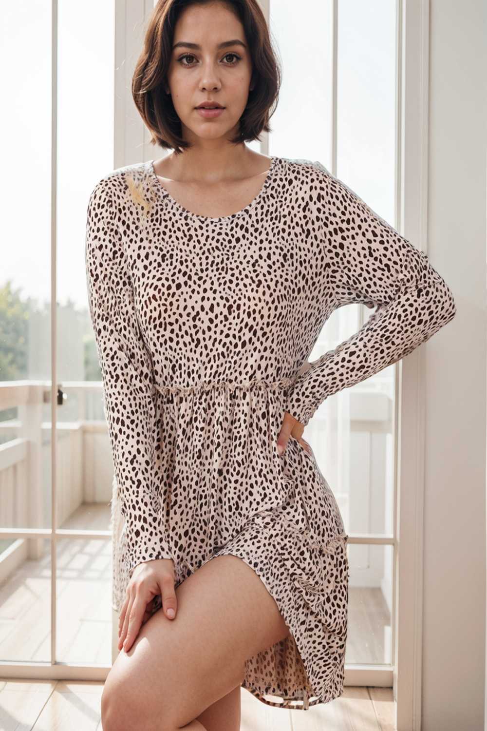 loose leopard print v neck dress drop shoulder a line closed cape paneled 105119