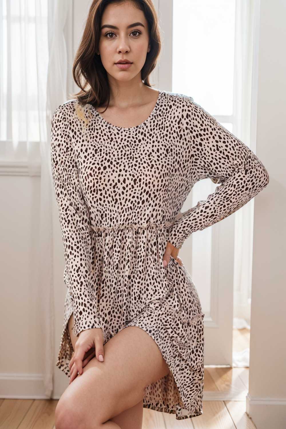 loose leopard print v neck dress drop shoulder a line closed cape paneled 106418