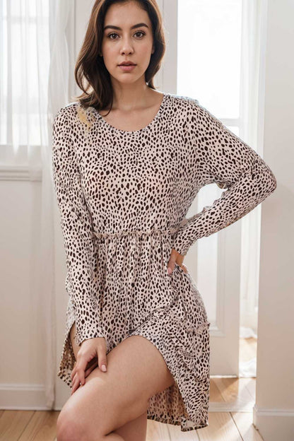 loose leopard print v neck dress drop shoulder a line closed cape paneled 106418