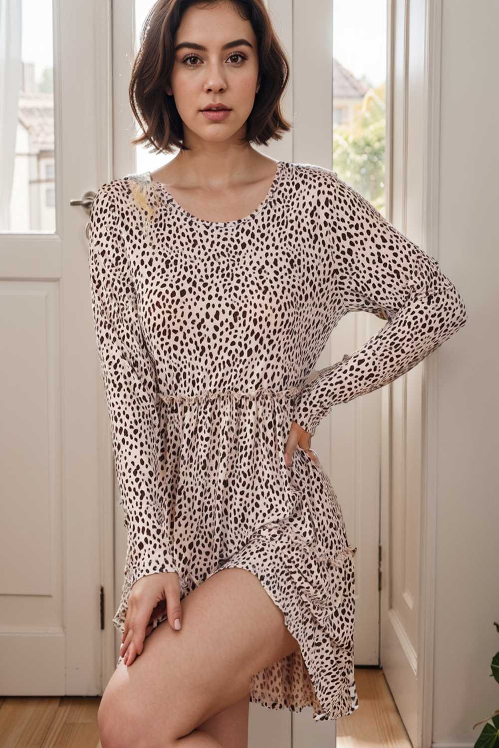 loose leopard print v neck dress drop shoulder a line closed cape paneled 106416