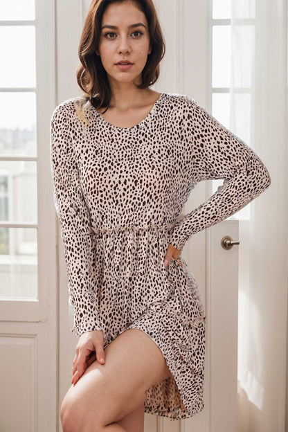 loose leopard print v neck dress drop shoulder a line closed cape paneled 133152