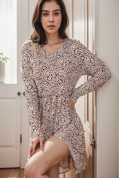 loose leopard print v neck dress drop shoulder a line closed cape paneled 127461