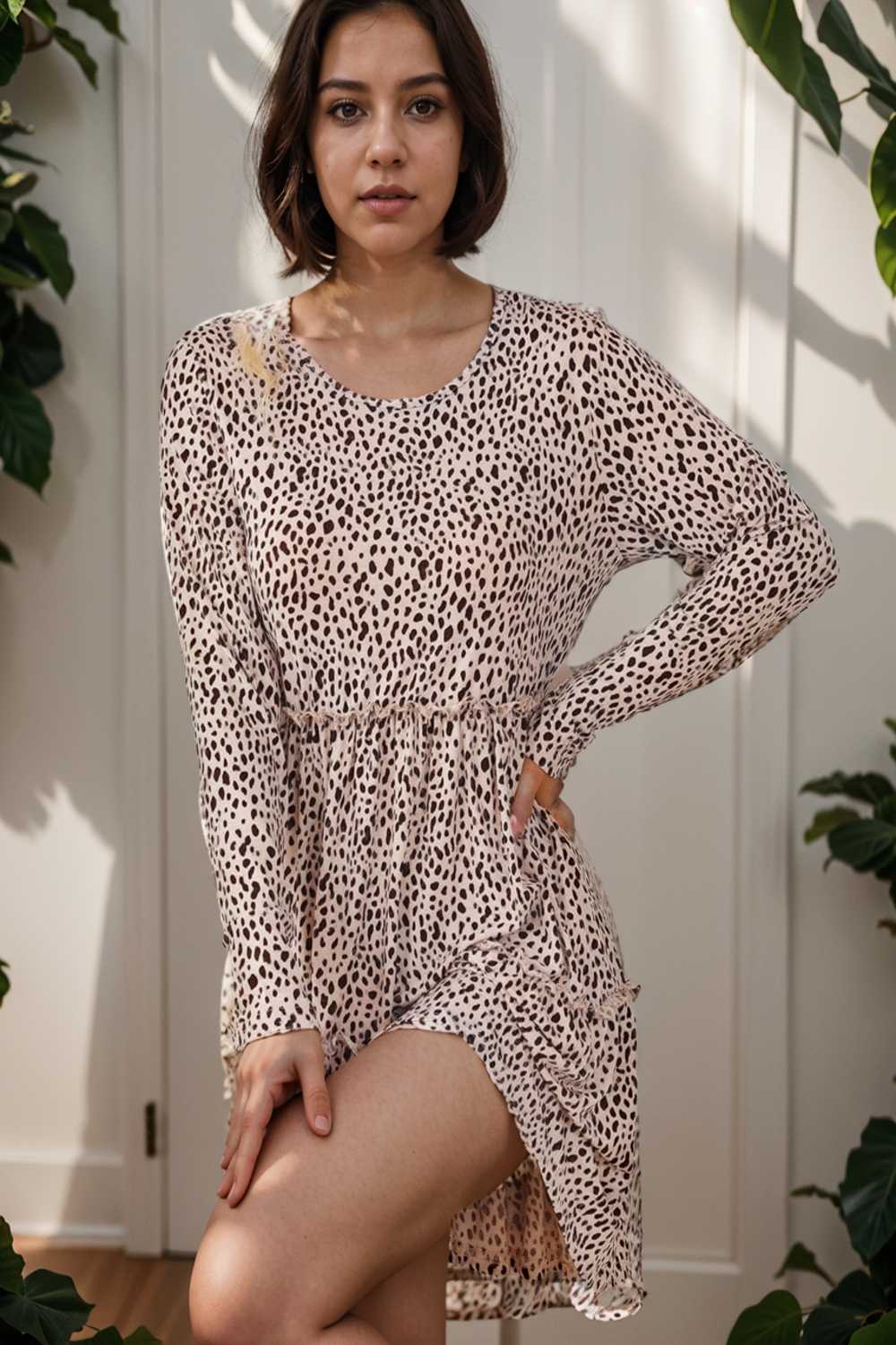 loose leopard print v neck dress drop shoulder a line closed cape paneled 105116