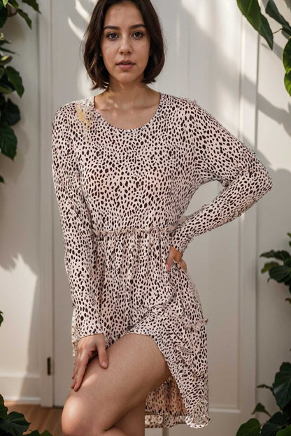 loose leopard print v neck dress drop shoulder a line closed cape paneled 105116