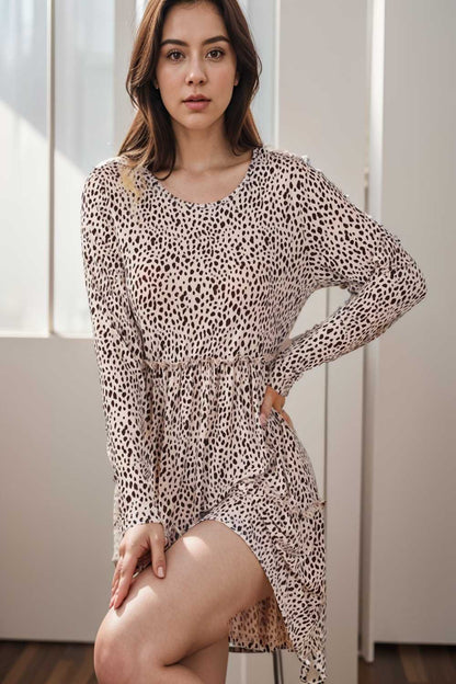 loose leopard print v neck dress drop shoulder a line closed cape paneled 127460