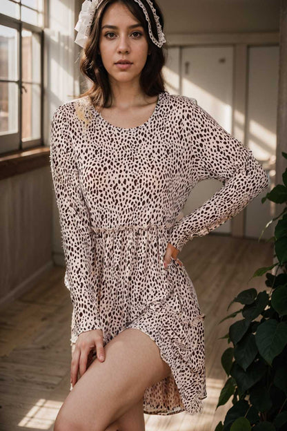 loose leopard print v neck dress drop shoulder a line closed cape paneled 111907