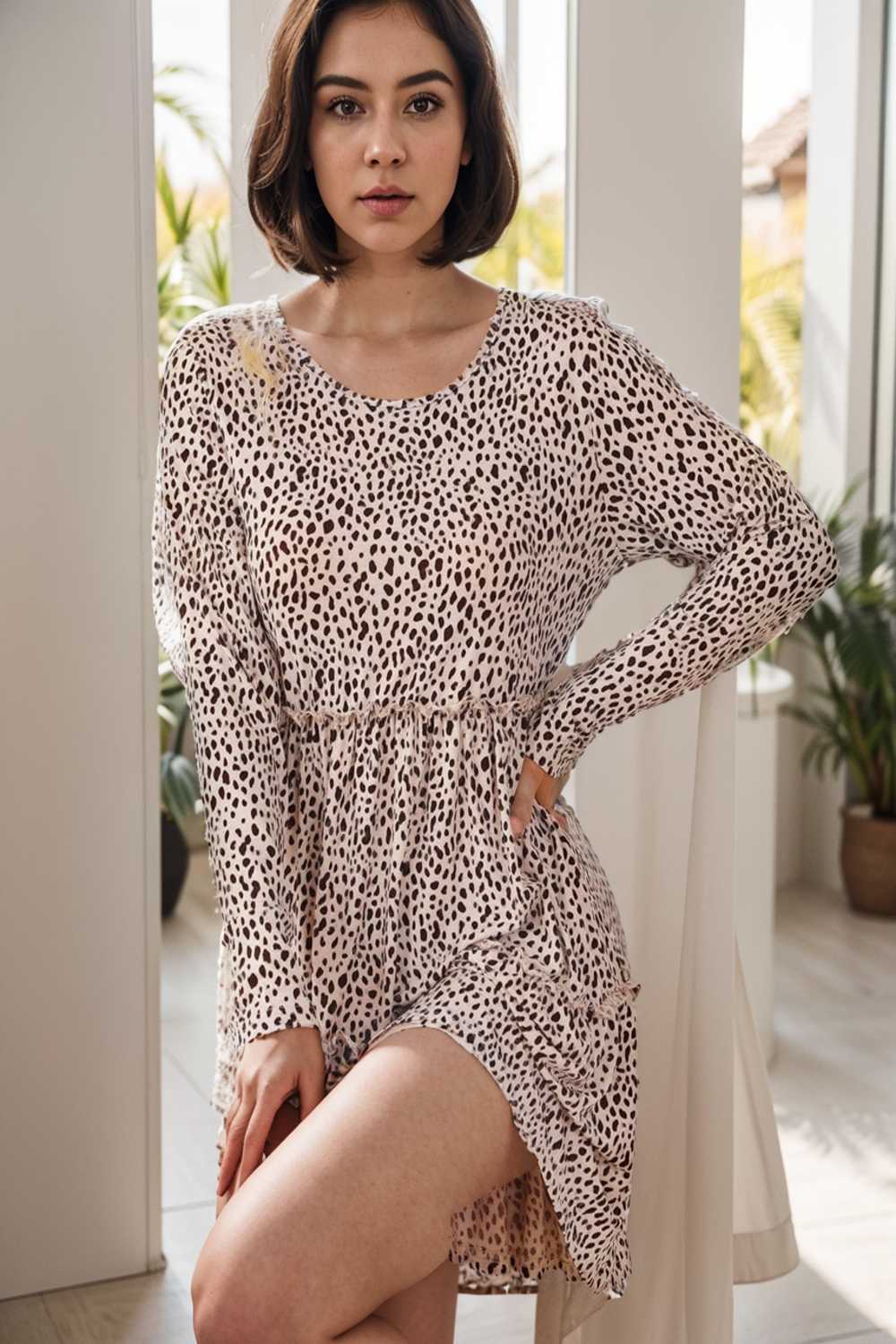 loose leopard print v neck dress drop shoulder a line closed cape paneled 141864