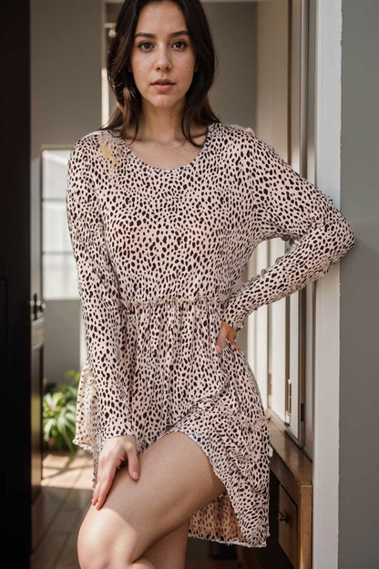 loose leopard print v neck dress drop shoulder a line closed cape paneled 111906