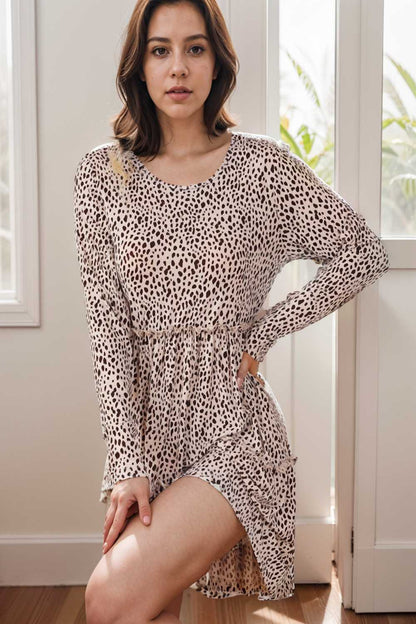 loose leopard print v neck dress drop shoulder a line closed cape paneled 115182