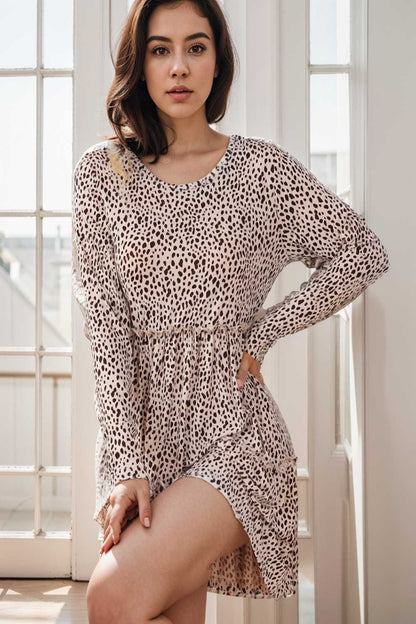 loose leopard print v neck dress drop shoulder a line closed cape paneled 127456