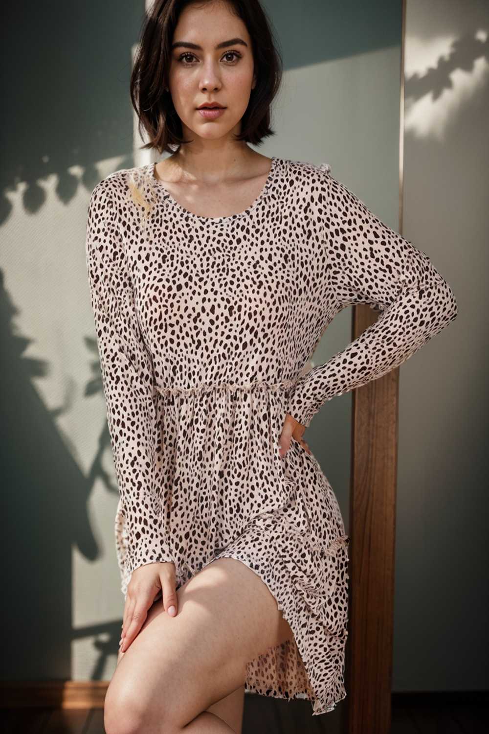 loose leopard print v neck dress drop shoulder a line closed cape paneled 127123