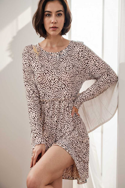 loose leopard print v neck dress drop shoulder a line closed cape paneled 127454