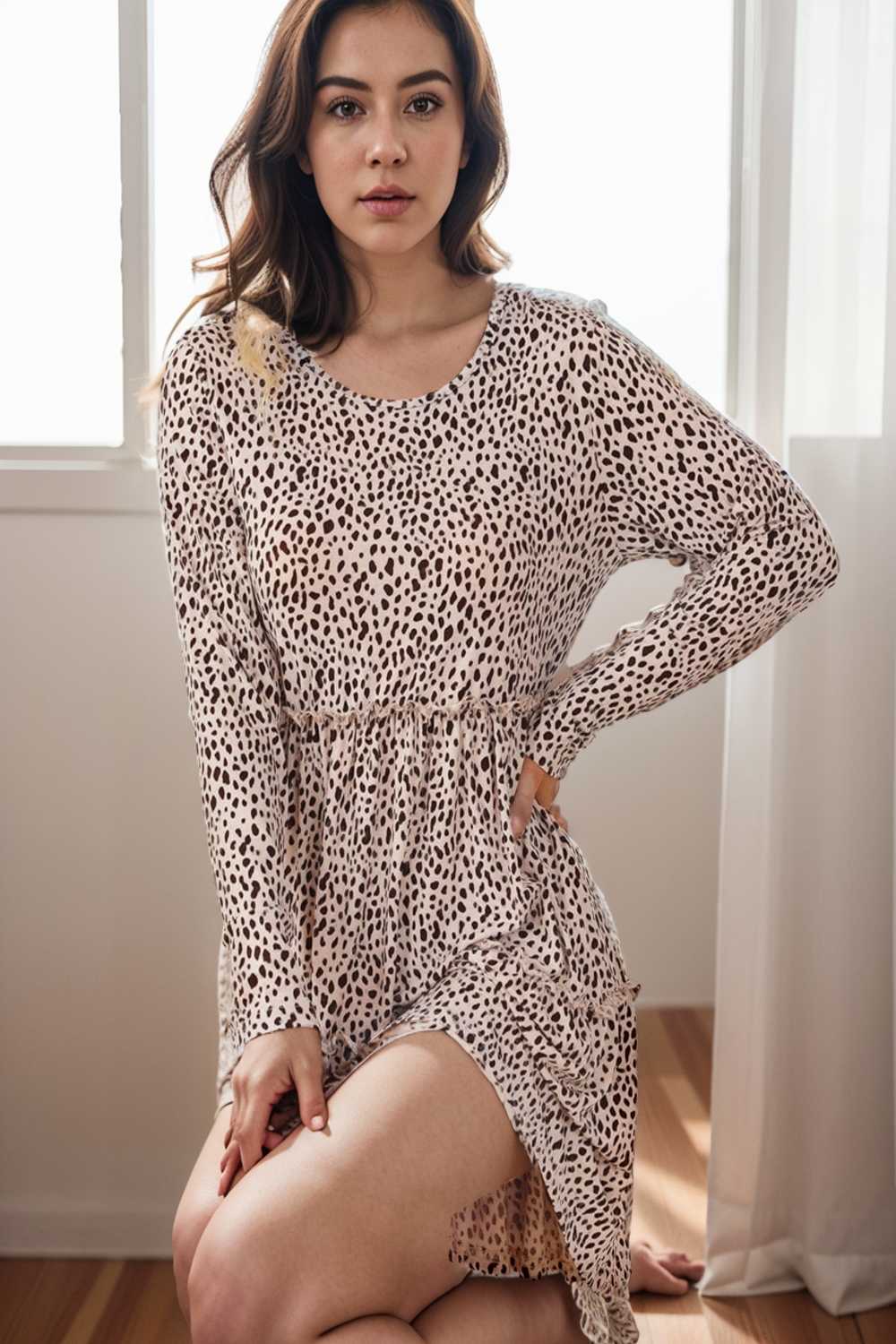loose leopard print v neck dress drop shoulder a line closed cape paneled 127120
