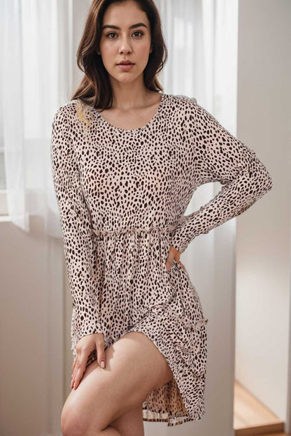 loose leopard print v neck dress drop shoulder a line closed cape paneled 127451