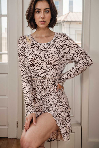 loose leopard print v neck dress drop shoulder a line closed cape paneled 105056