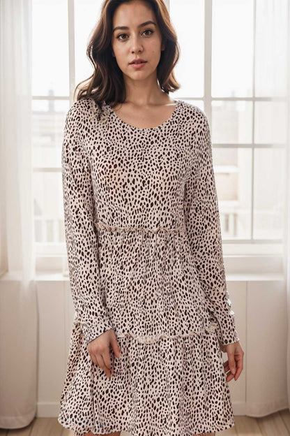 loose leopard print v neck dress drop shoulder a line closed cape paneled 115181