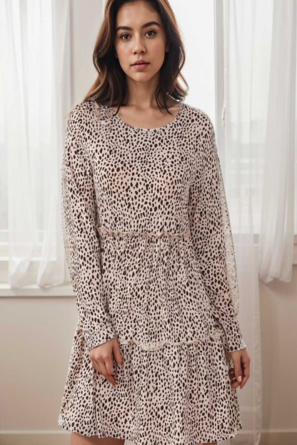 loose leopard print v neck dress drop shoulder a line closed cape paneled 109043