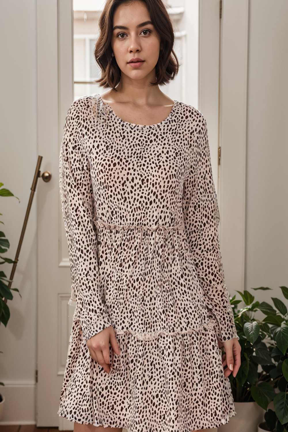 loose leopard print v neck dress drop shoulder a line closed cape paneled 107668