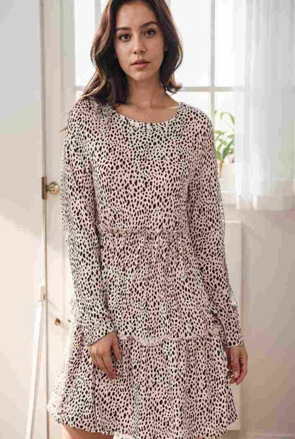 loose leopard print v neck dress drop shoulder a line closed cape paneled 131181