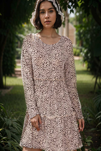 loose leopard print v neck dress drop shoulder a line closed cape paneled 104893