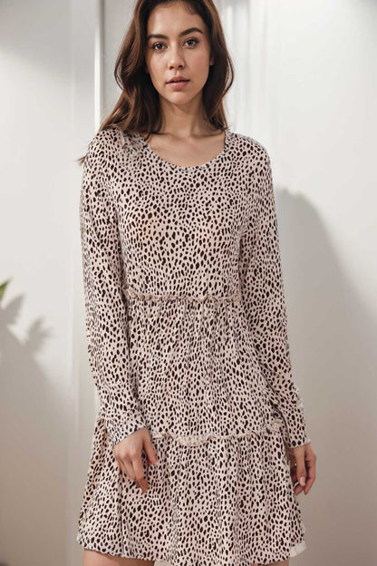 loose leopard print v neck dress drop shoulder a line closed cape paneled 135186