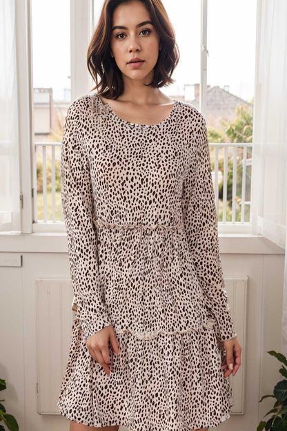 loose leopard print v neck dress drop shoulder a line closed cape paneled 127114