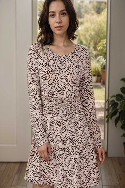 loose leopard print v neck dress drop shoulder a line closed cape paneled 111905