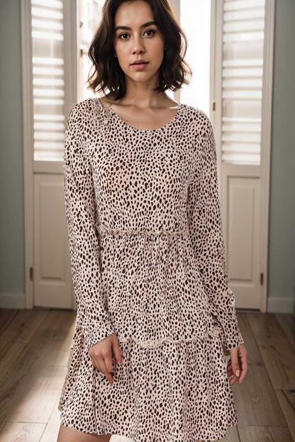 loose leopard print v neck dress drop shoulder a line closed cape paneled 127113