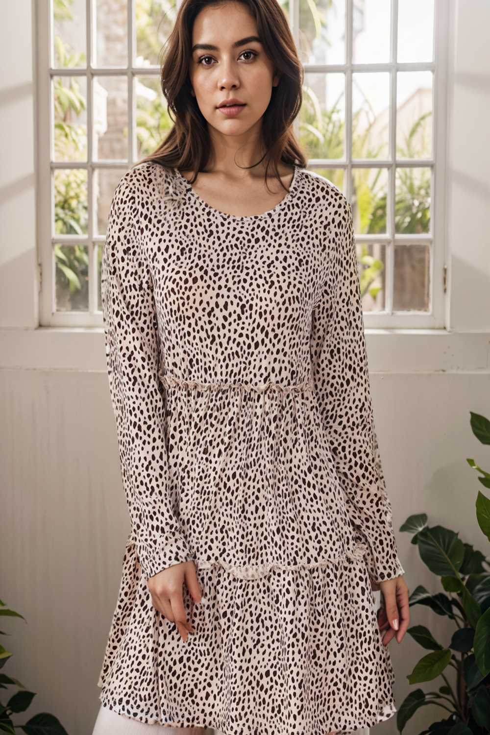 loose leopard print v neck dress drop shoulder a line closed cape paneled 110871