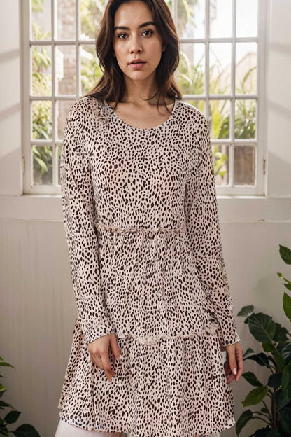 loose leopard print v neck dress drop shoulder a line closed cape paneled 110871
