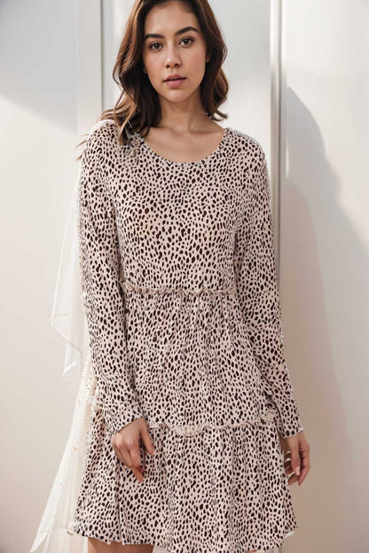 loose leopard print v neck dress drop shoulder a line closed cape paneled 127448