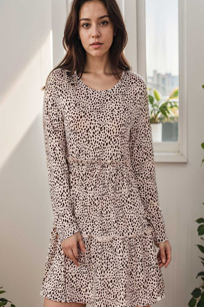 loose leopard print v neck dress drop shoulder a line closed cape paneled 115180