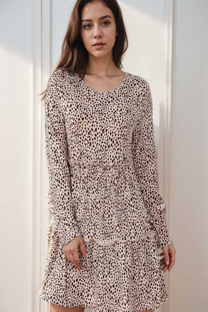 loose leopard print v neck dress drop shoulder a line closed cape paneled 111904