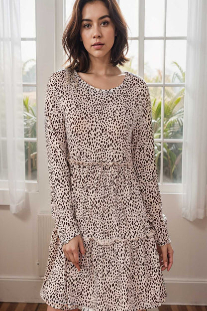 loose leopard print v neck dress drop shoulder a line closed cape paneled 113745