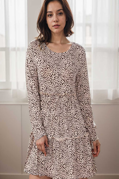 loose leopard print v neck dress drop shoulder a line closed cape paneled 115177