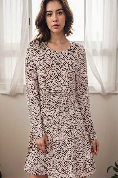 loose leopard print v neck dress drop shoulder a line closed cape paneled 127110