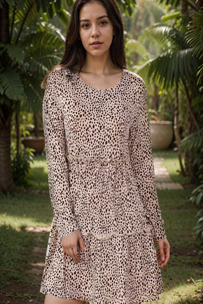 loose leopard print v neck dress drop shoulder a line closed cape paneled 133277