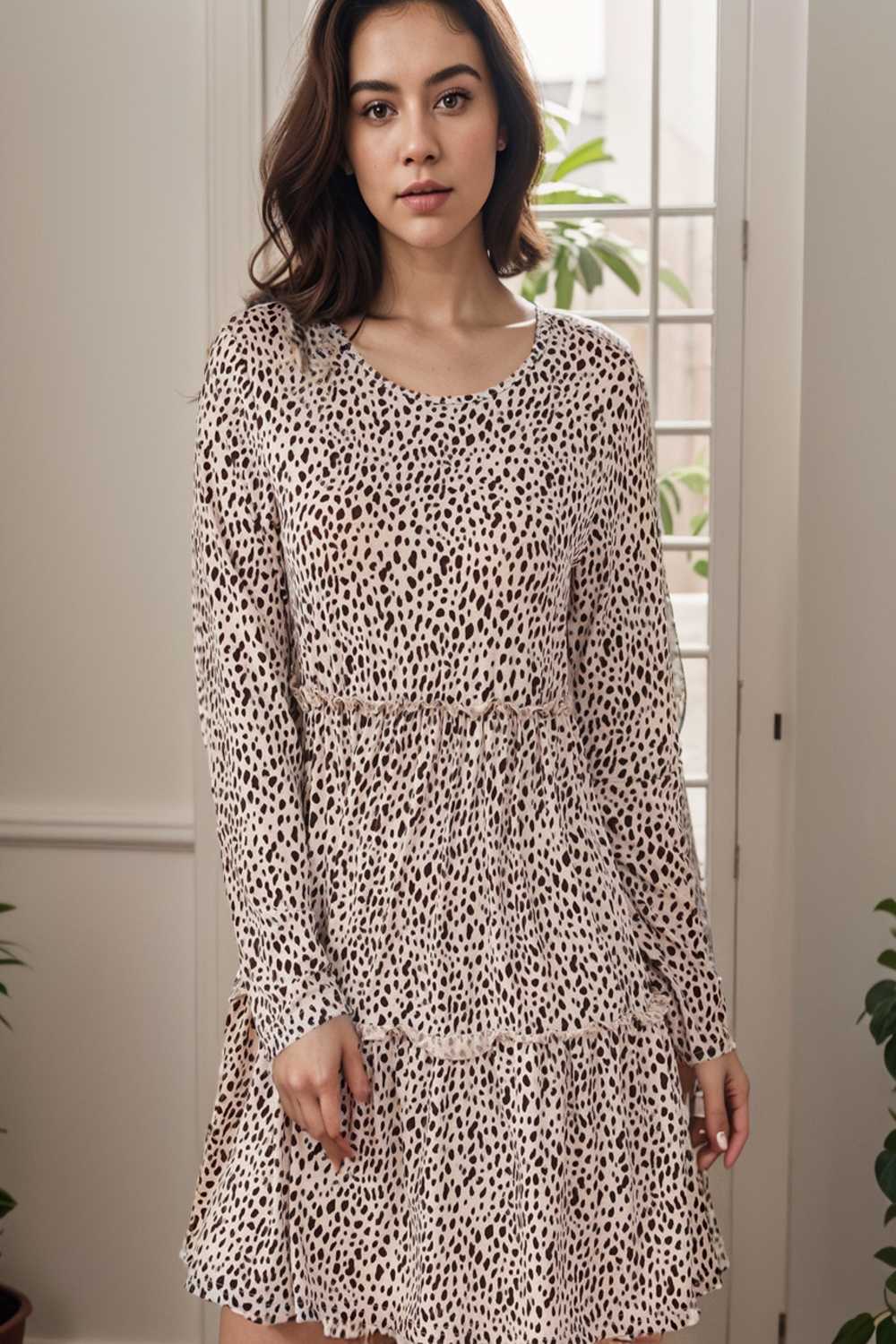 loose leopard print v neck dress drop shoulder a line closed cape paneled 141852