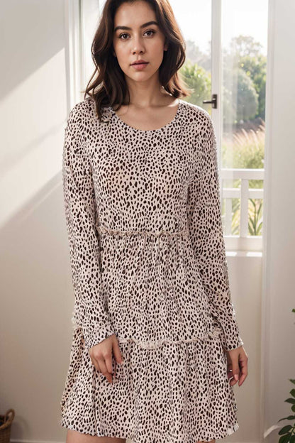 loose leopard print v neck dress drop shoulder a line closed cape paneled 127108