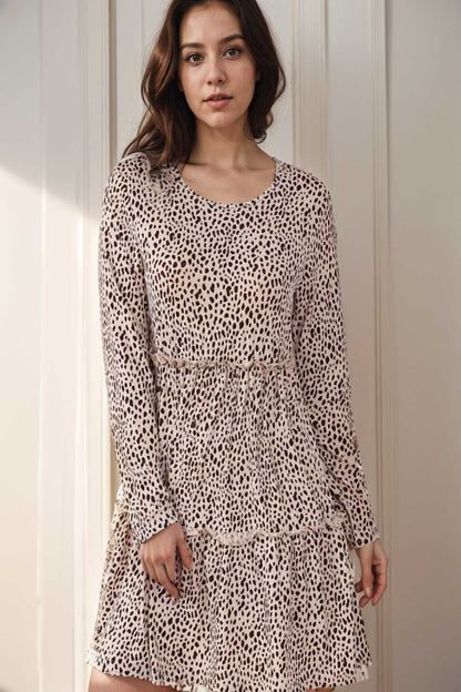 loose leopard print v neck dress drop shoulder a line closed cape paneled 111899