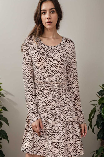 loose leopard print v neck dress drop shoulder a line closed cape paneled 141851