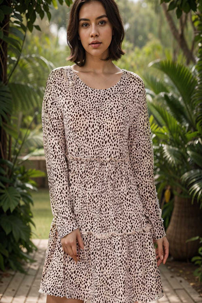 loose leopard print v neck dress drop shoulder a line closed cape paneled 127442