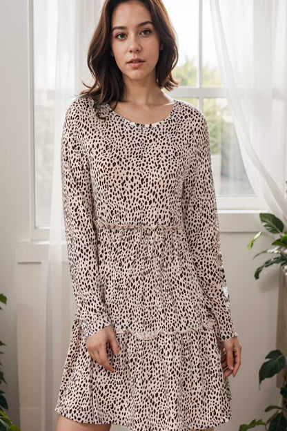 loose leopard print v neck dress drop shoulder a line closed cape paneled 133275