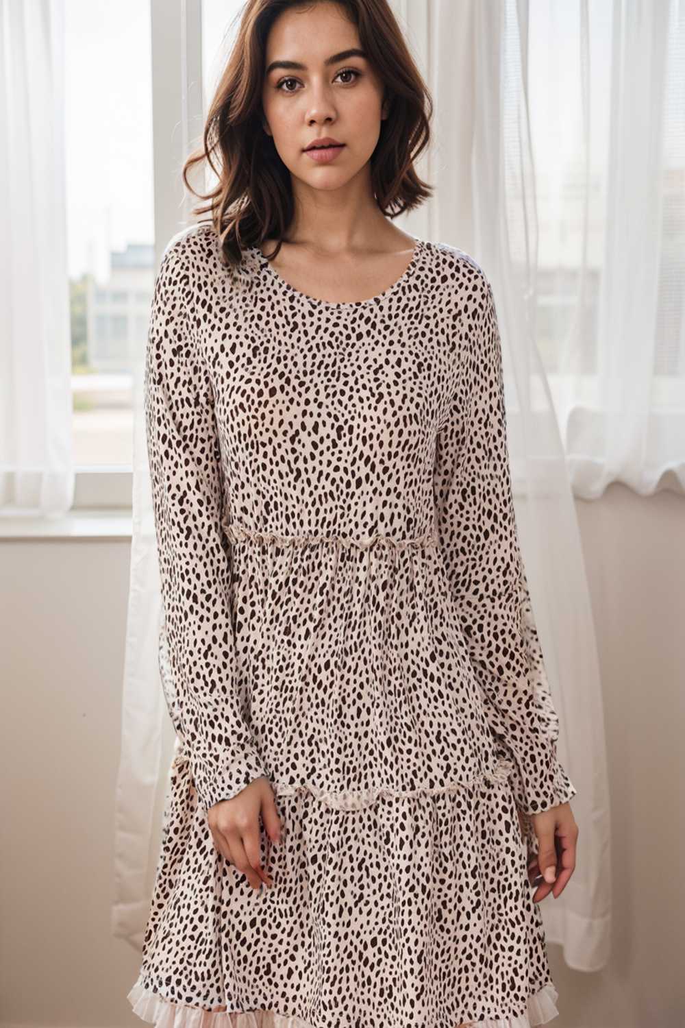 loose leopard print v neck dress drop shoulder a line closed cape paneled 140897