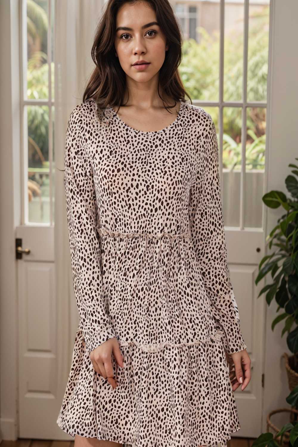 loose leopard print v neck dress drop shoulder a line closed cape paneled 141849