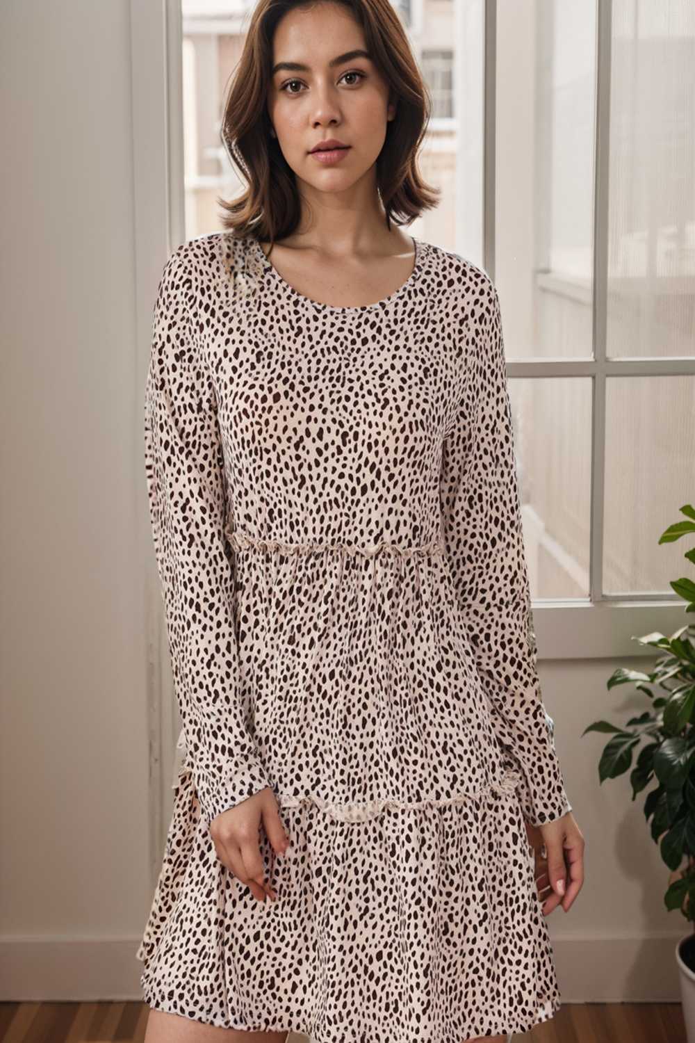 loose leopard print v neck dress drop shoulder a line closed cape paneled 140894