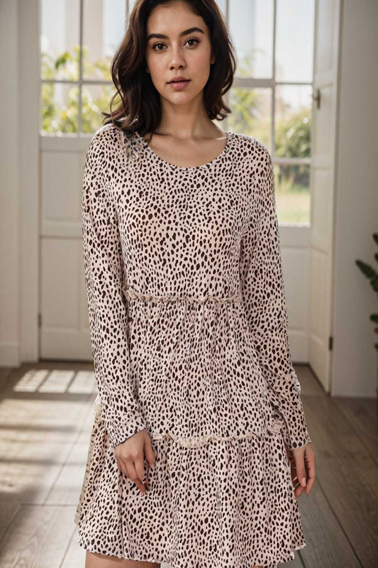 loose leopard print v neck dress drop shoulder a line closed cape paneled 127103