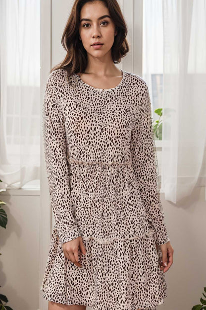 loose leopard print v neck dress drop shoulder a line closed cape paneled 141846